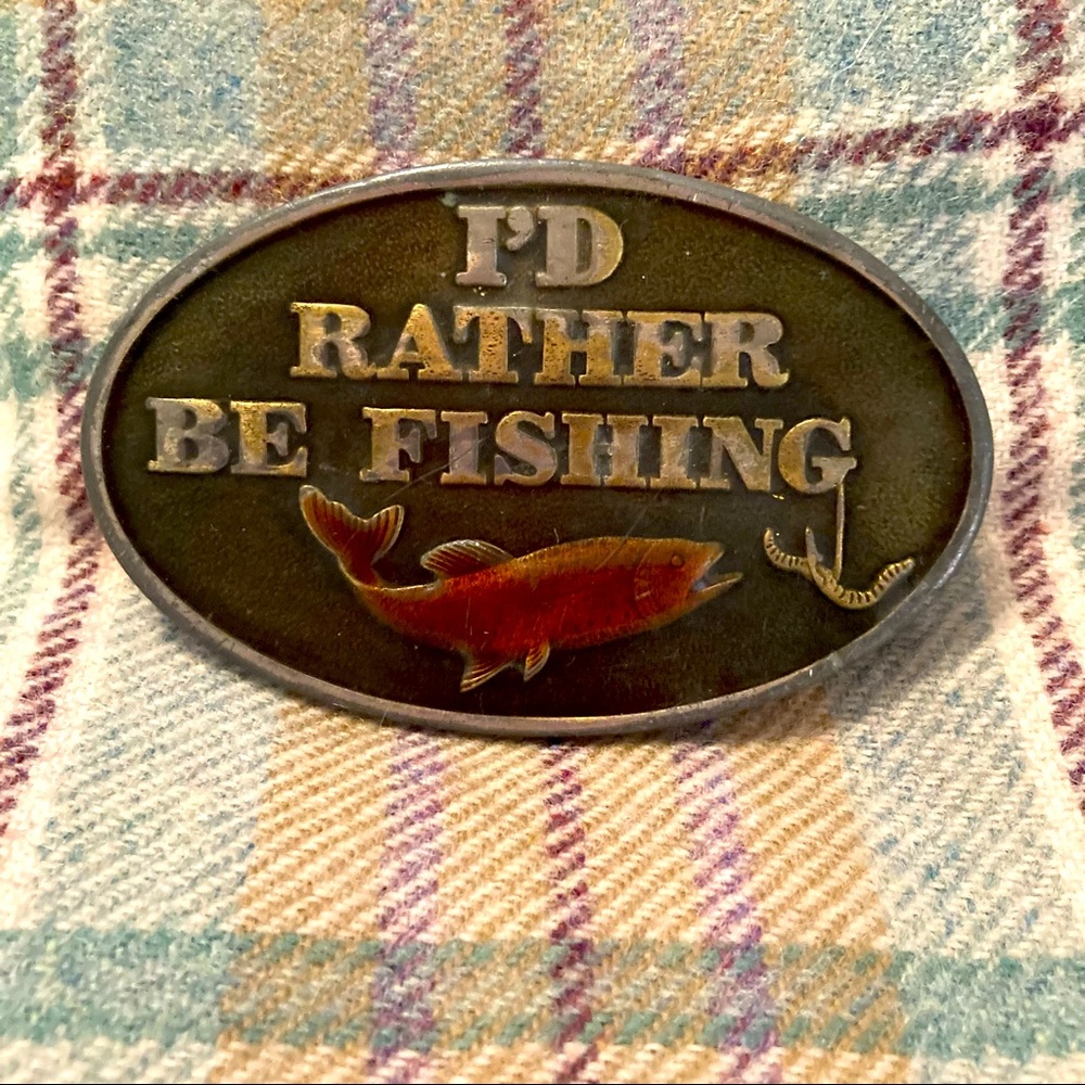 Vintage 1978 Capt. Hawks Sky Patrol and Novelty Co Belt Buckle “Fishing”